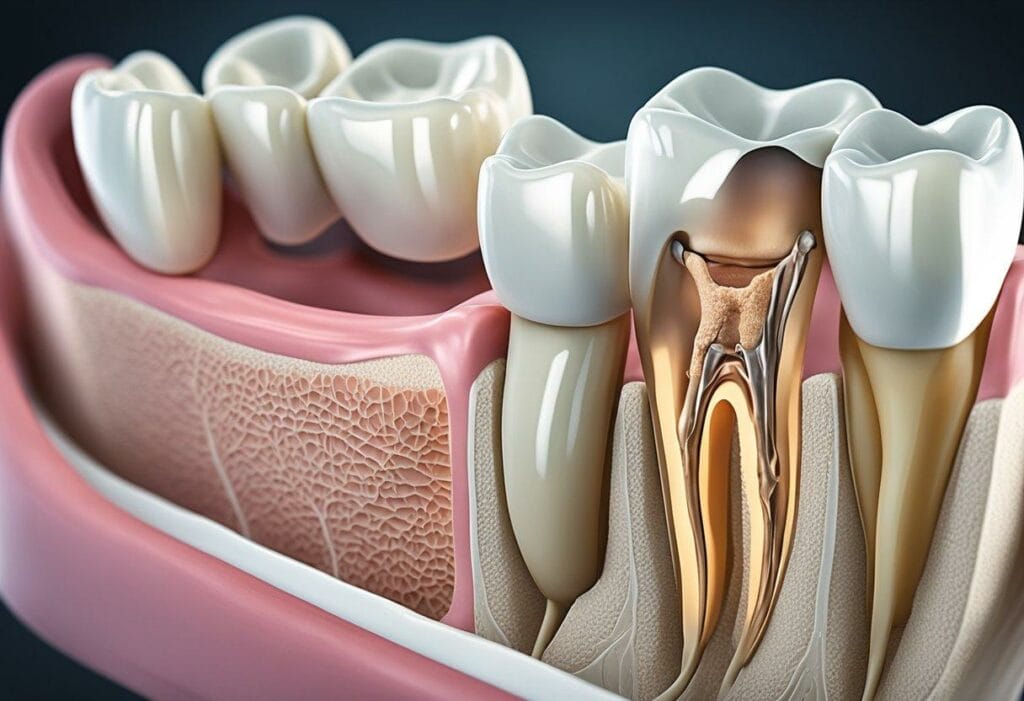 Gengivas saudáveis com anatomia clara, mostrando tecido gengival e raízes dentárias.