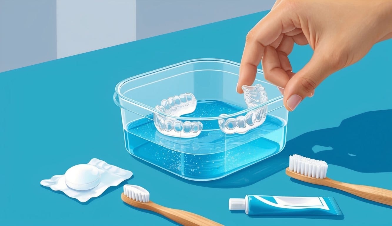 Uma mão a colocar alinhadores Invisalign dentro de um recipiente de plástico transparente cheio de solução de limpeza, com uma escova de dentes e pasta de dentes por perto.