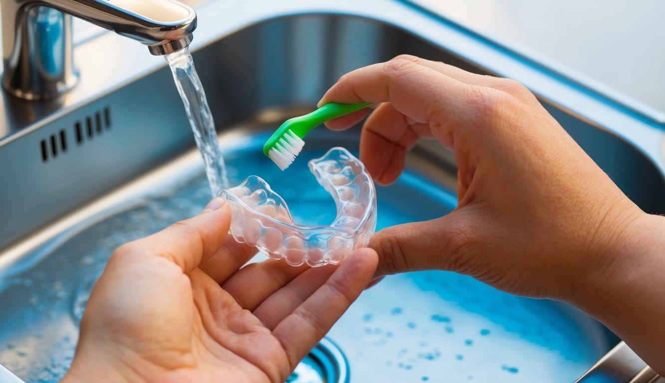 Uma mão a segurar um alinhador Invisalign transparente, a ser suavemente limpo com uma escova de dentes e enxaguado sob água corrente.
