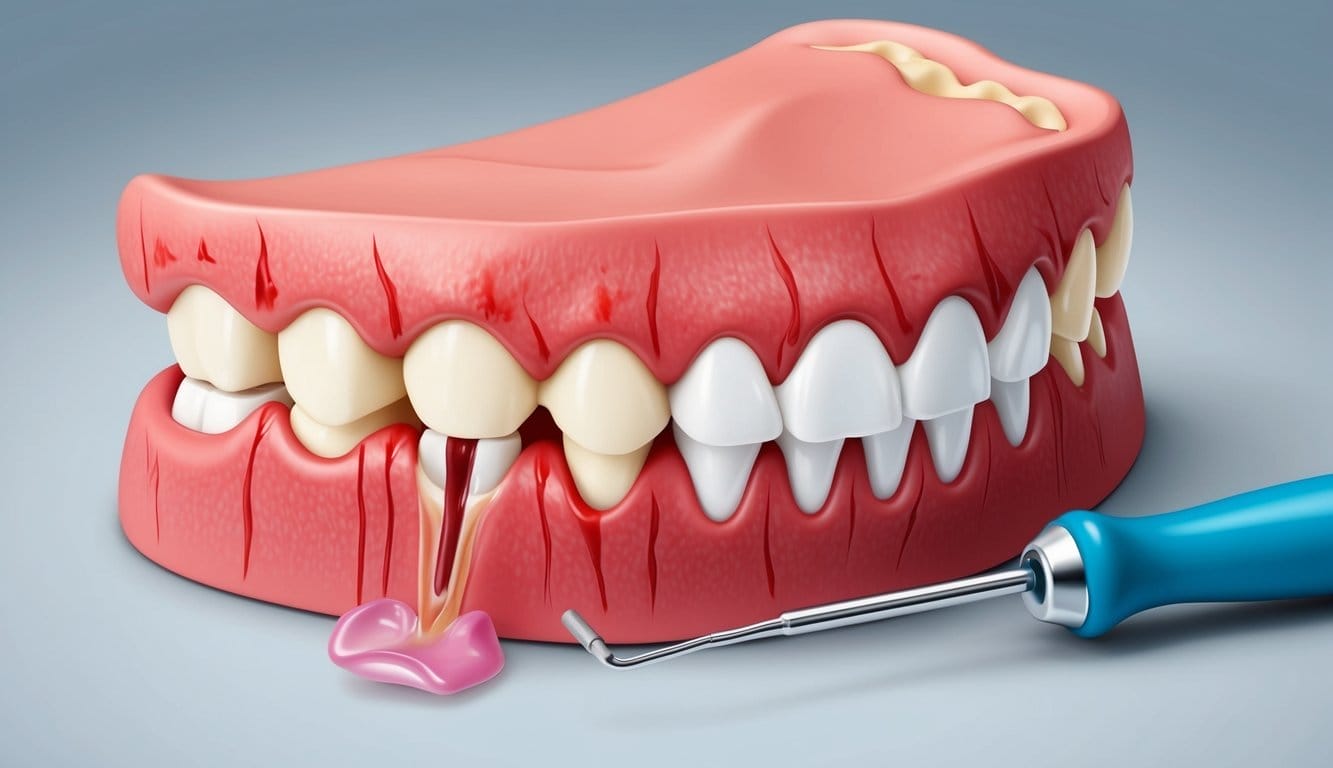 Uma ilustração em close-up de gengivas inflamadas com vermelhidão, inchaço e sangramento, rodeadas por dentes saudáveis e uma ferramenta dental para tratamento.