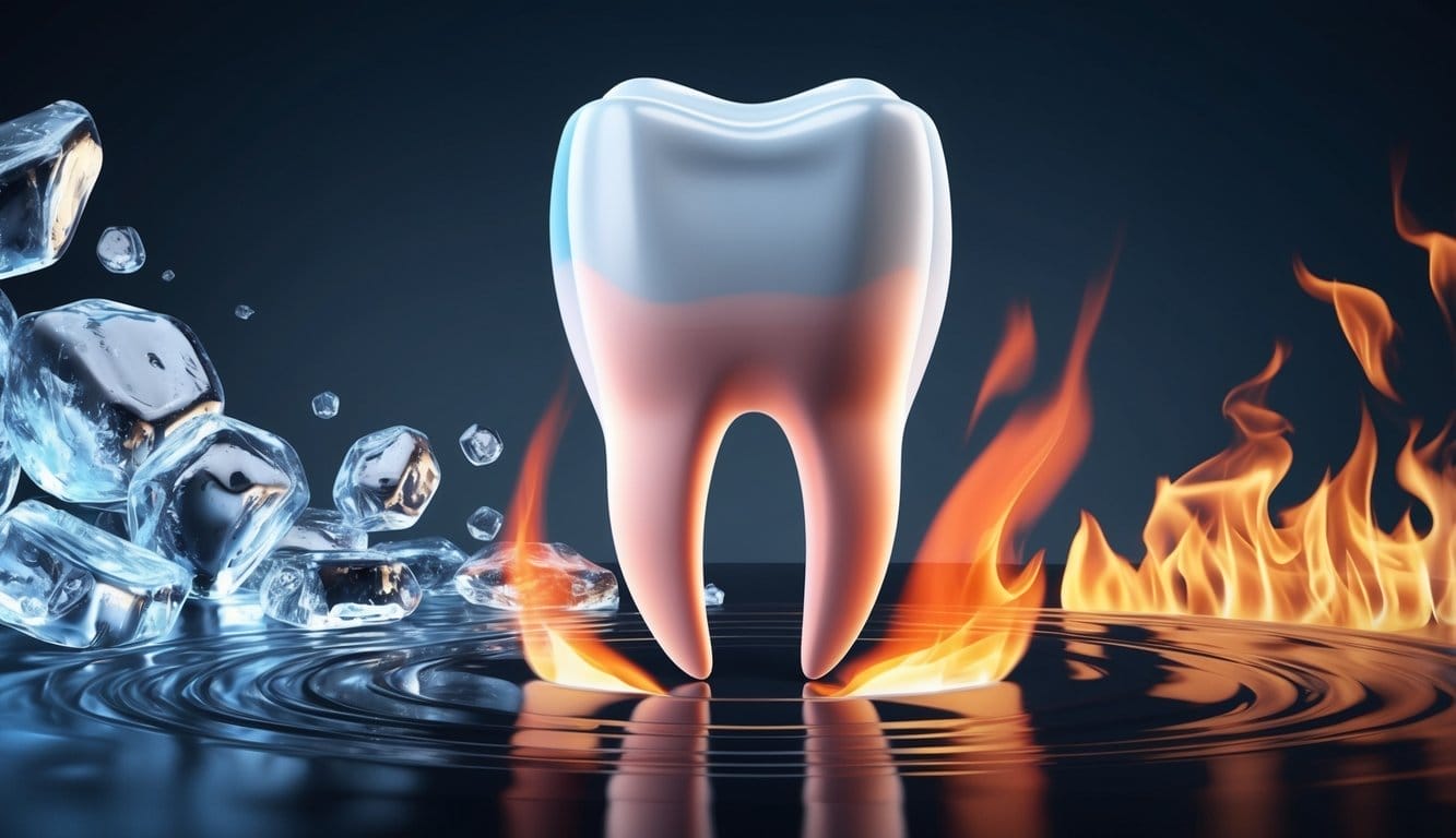 Um dente rodeado de gelo e fogo, representando as causas da sensibilidade dentária