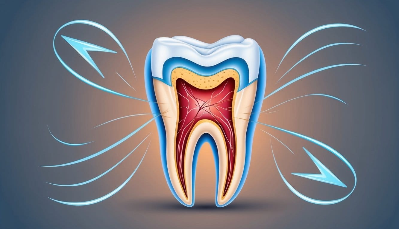 Um primeiro plano de um dente com fissuras visíveis e nervos expostos, rodeado por setas em espiral que representam dor e desconforto.