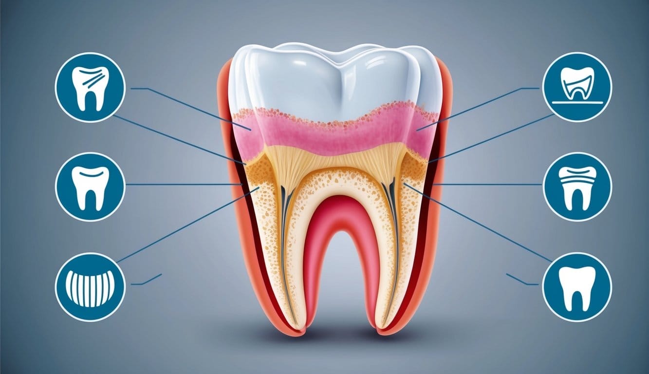 Um close-up de um dente com sinais visíveis de erosão do esmalte e dentina exposta, rodeado por símbolos que representam causas comuns de sensibilidade dentária.