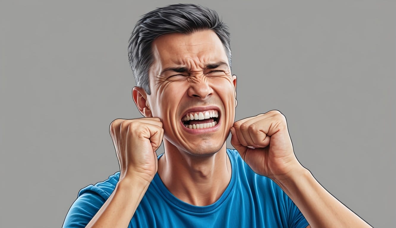 Uma pessoa a cerrar os dentes com uma expressão tensa, a ranger os dentes e um olhar forçado no rosto.