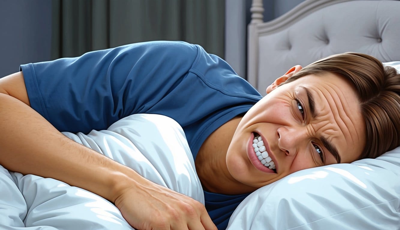 Uma pessoa deitada na cama, com a mandíbula cerrada, a ranger os dentes. Uma expressão tensa no seu rosto, com uma tensão visível nos músculos faciais.