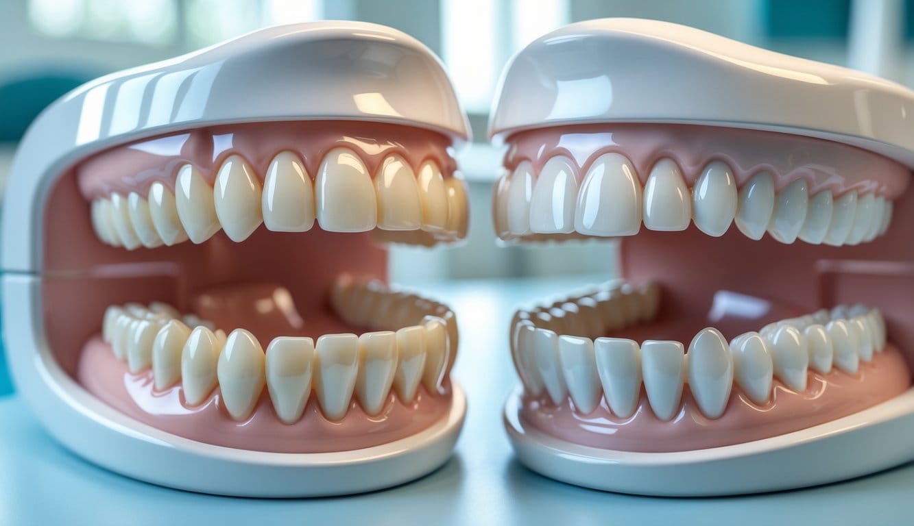Comparação de dois modelos dentários, um com laminados cerâmicos e outro com facetas de resina, num ambiente clínico limpo.