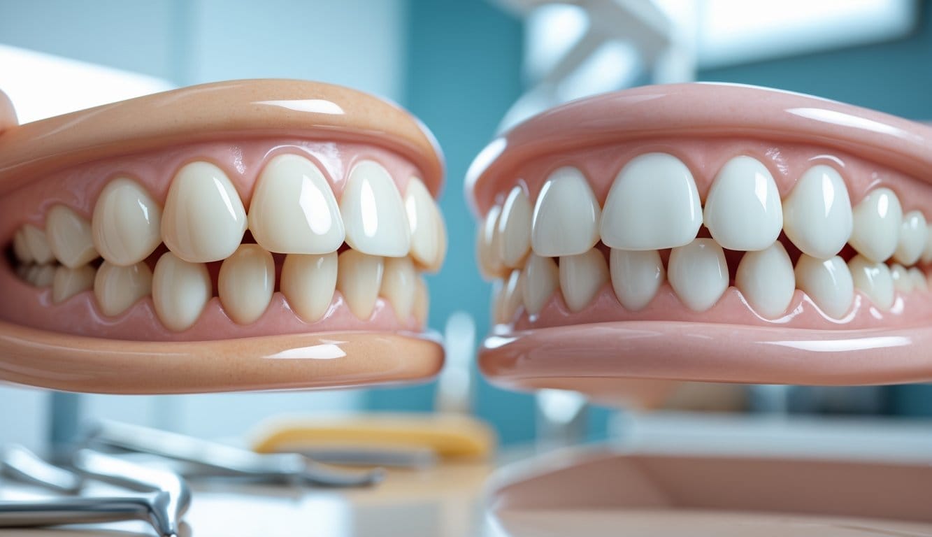 Comparação próxima de dentes com laminados cerâmicos e facetas de resina numa clínica dentária.