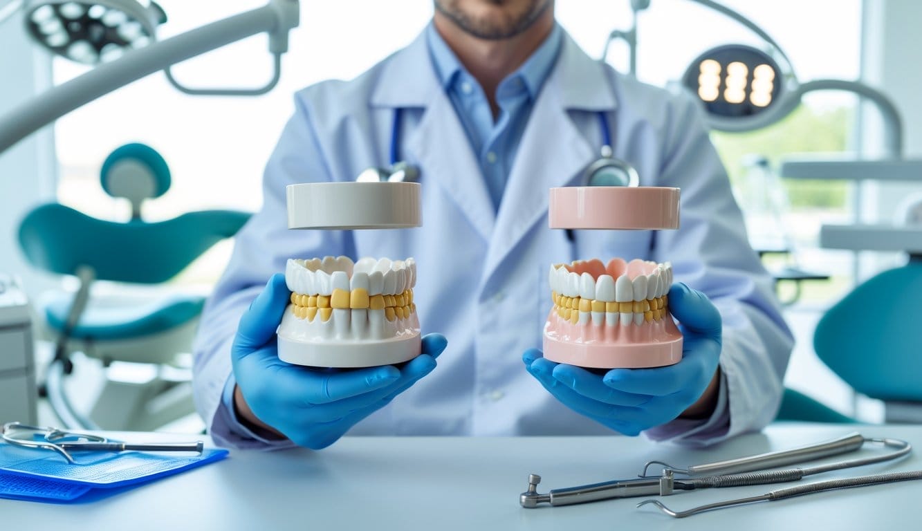 Um profissional de odontologia segura dois modelos dentários que mostram laminados cerâmicos e facetas de resina numa clínica dentária moderna.