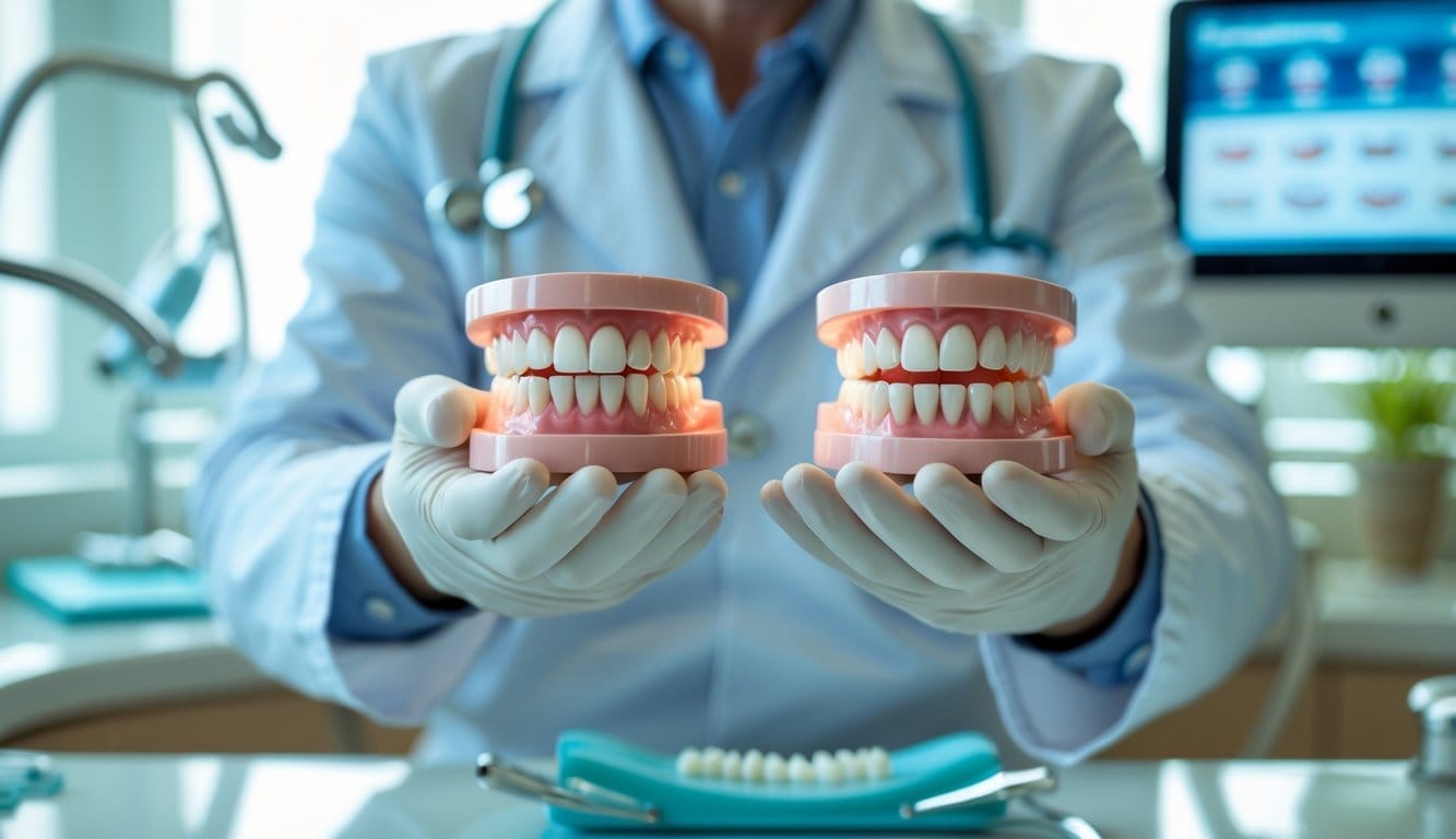 Dentista a segurar dois modelos dentários, um com lâminas cerâmicas e outro com facetas de resina, numa clínica dentária moderna.