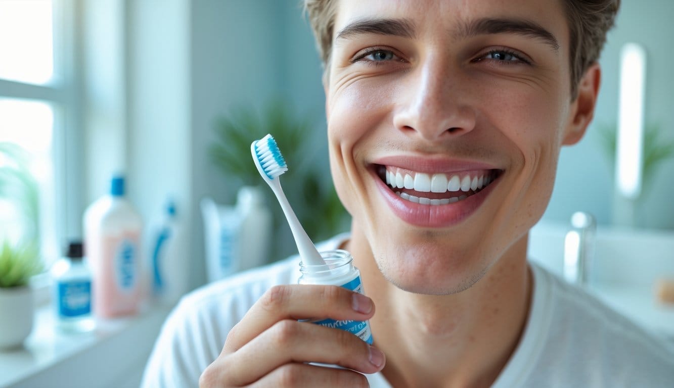 Pessoa jovem a sorrir com dentes brancos, a segurar uma escova de dentes e pasta dentífrica num ambiente de casa de banho limpa.