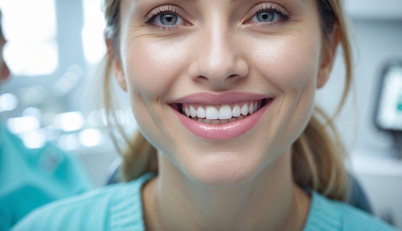 Close-up de uma mulher adulta a sorrir, mostrando claramente os dentes e as gengivas num consultório dentário.