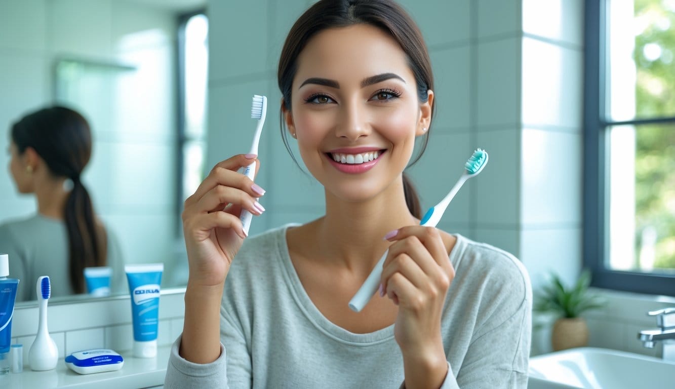 Mulher jovem a sorrir, segurando uma escova de dentes e pasta numa casa de banho moderna e iluminada.