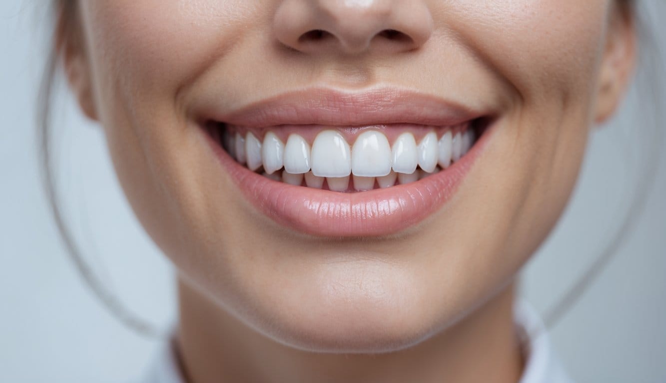 Close-up de uma boca sorridente com dentes da frente restaurados esteticamente, limpos e alinhados.