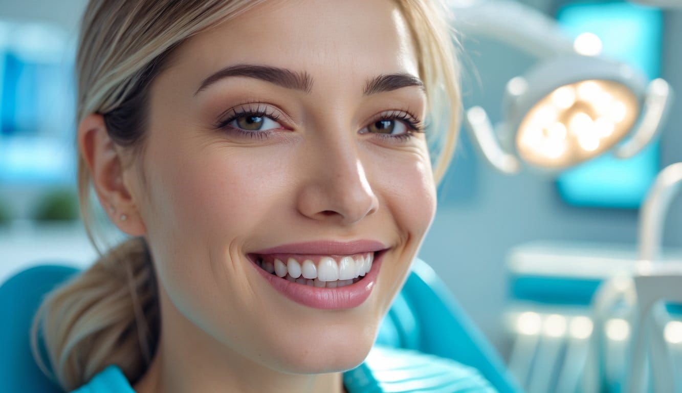 Mulher adulta a sorrir mostrando gengivas visíveis num consultório dentário.