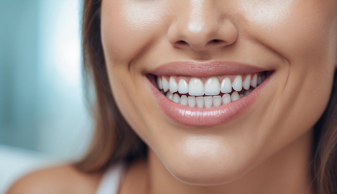 Close-up de um sorriso de um adulto a mostrar os dentes da frente com restaurações estéticas visíveis.