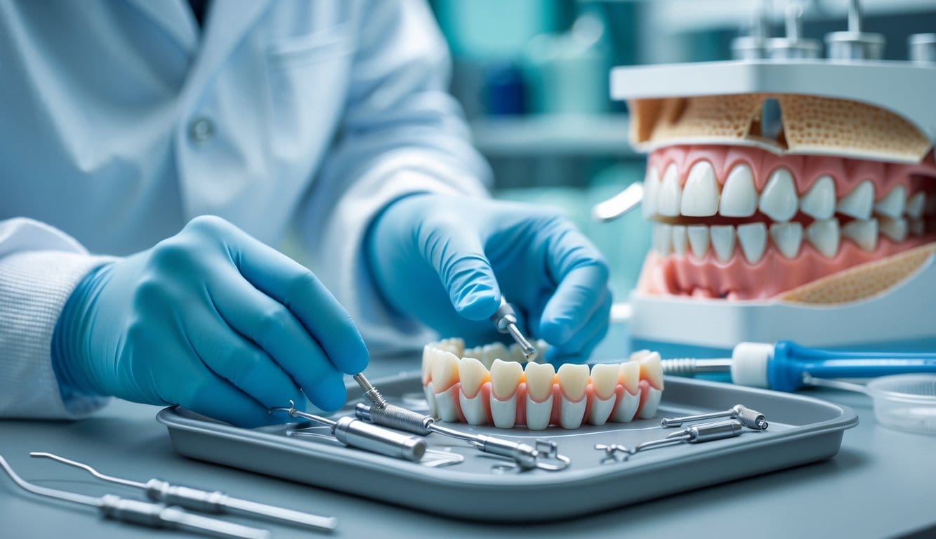 Mãos de dentista a manusear ferramentas para implantes dentários junto a um modelo anatómico de mandíbula com implantes.