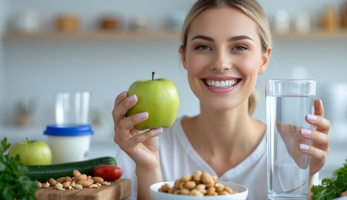 Pessoa sorridente com dentes brancos a segurar uma maçã verde e um copo de água, com alimentos saudáveis numa mesa à frente.