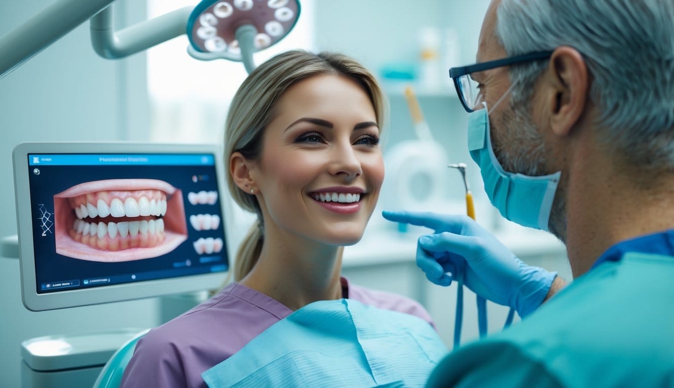 Paciente a sorrir num consultório dentário enquanto o dentista explica tratamentos para sorriso gengival numa imagem digital.
