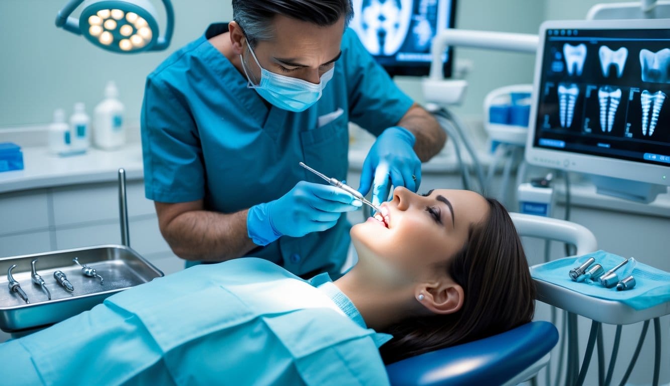 Dentista a realizar cirurgia de implante dentário num paciente numa clínica dentária moderna, com instrumentos estéreis e equipamento clínico ao fundo.