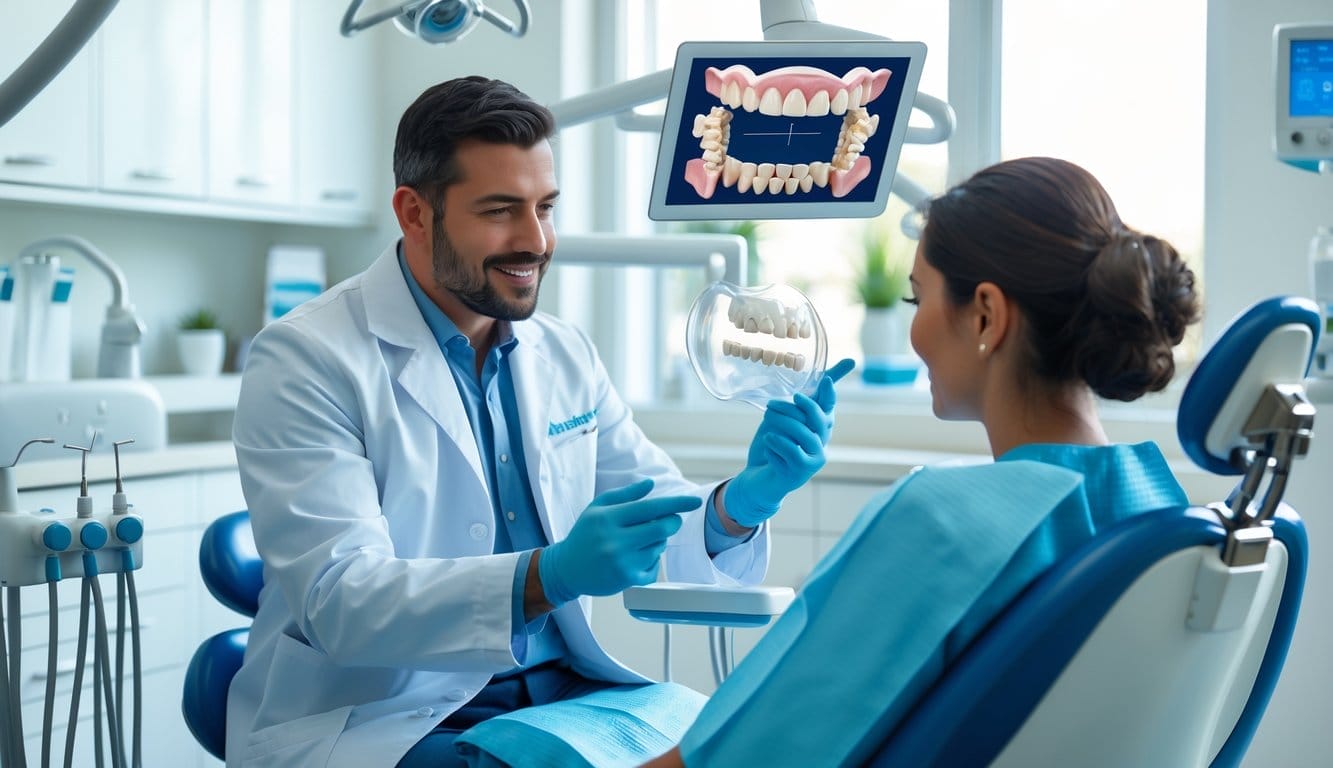 Dentista a explicar a um paciente, numa clínica dentária, o processo inicial para implantes dentários usando um modelo 3D e um tablet.