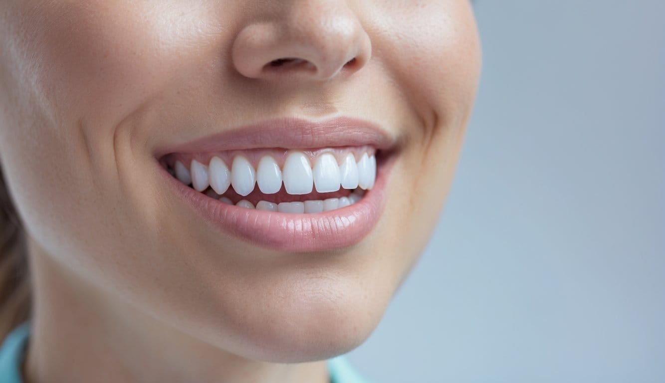 Close-up de um sorriso de adulto com dentes da frente restaurados esteticamente, mostrando dentes brancos e alinhados.