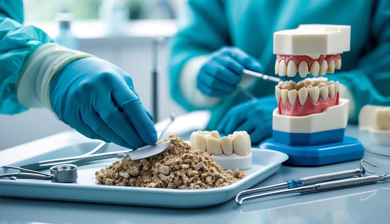 Mãos de um cirurgião dentário a preparar material para enxerto ósseo junto a instrumentos dentários e modelo de implante numa clínica dentária.
