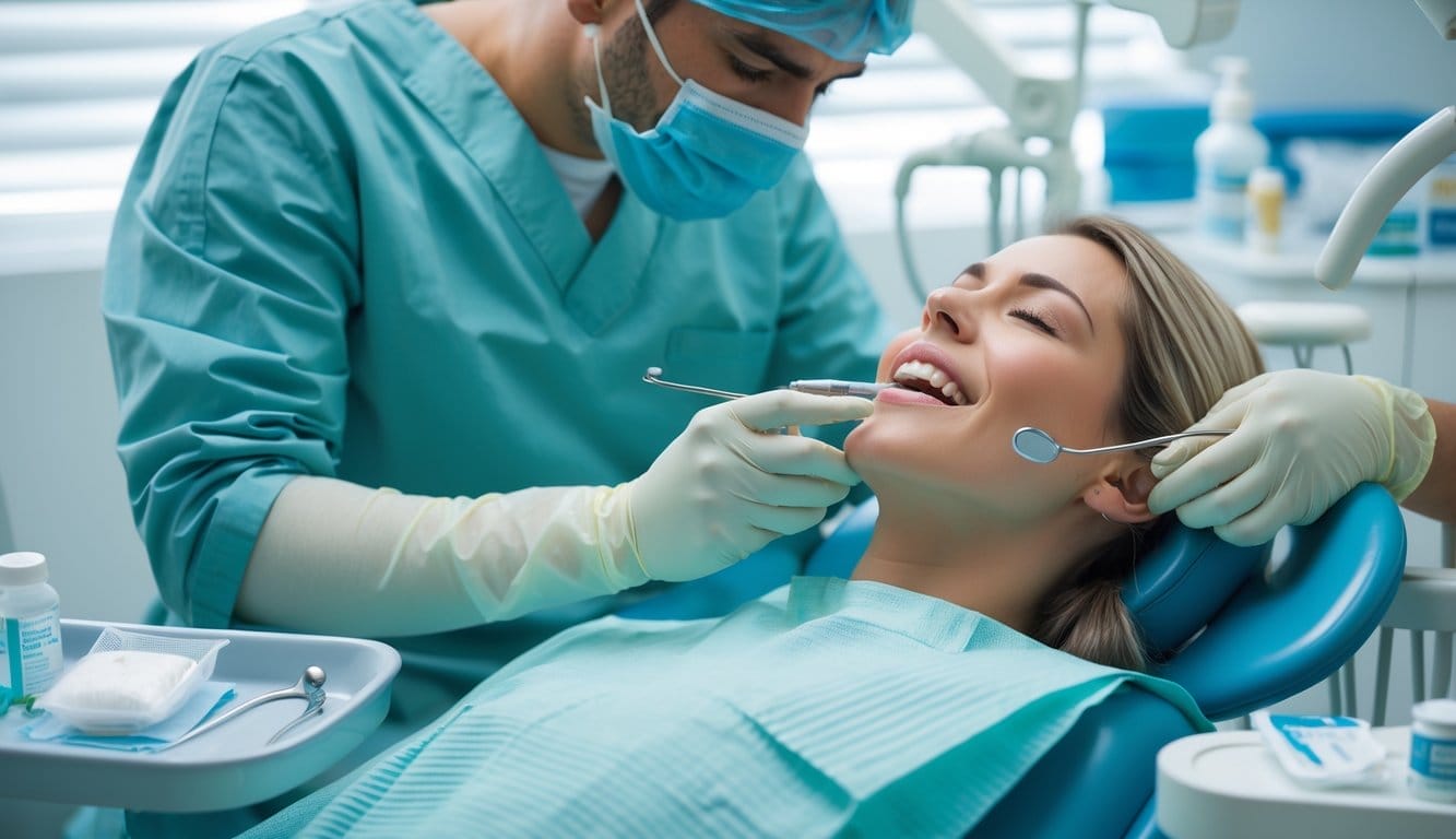 Paciente sentado numa cadeira dentária a receber cuidados pós-operatórios de um profissional de saúde numa clínica dentária limpa e bem iluminada.