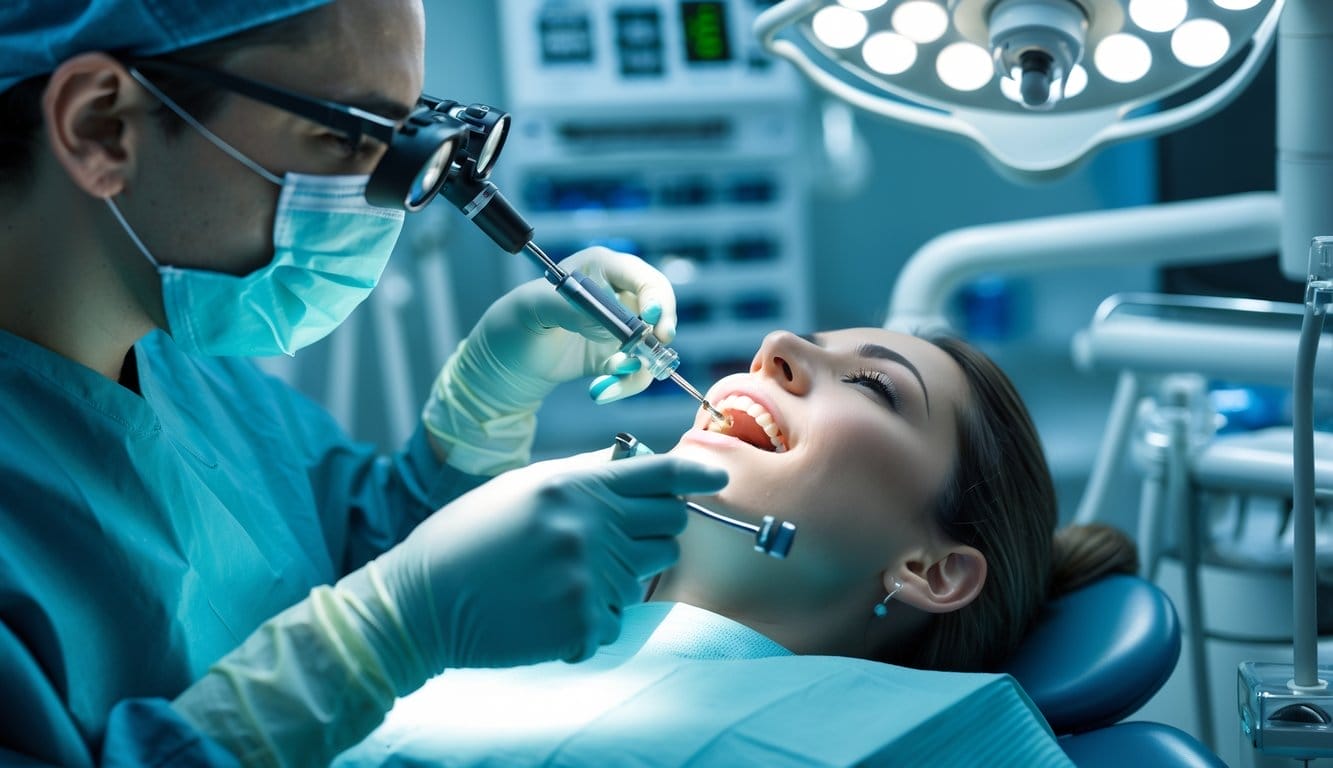 Dentista a realizar cirurgia de implante dentário num paciente numa clínica dentária moderna.