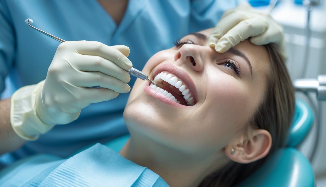 Dentista a realizar um procedimento de restauração estética nos dentes da frente de um paciente num consultório dentário.