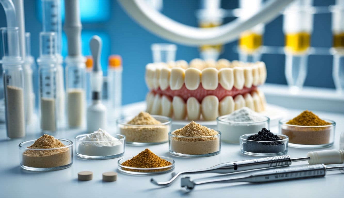 Materiais de enxerto ósseo para implantes dentários apresentados em recipientes transparentes numa bancada de laboratório dentário, com ferramentas de implante ao lado e um modelo de mandíbula desfocado ao fundo.