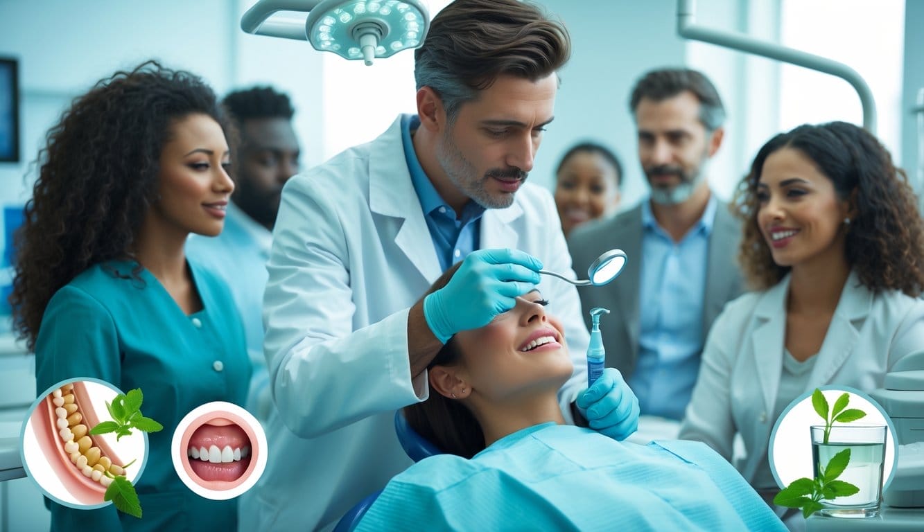 Dentista a examinar a boca de um paciente numa clínica dentária moderna, com elementos que sugerem causas e tratamentos para a halitose.