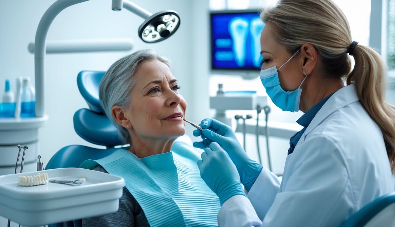 Paciente sentado numa cadeira dentária a ser examinado por um dentista num consultório moderno, com instrumentos dentários visíveis e ambiente clínico limpo.