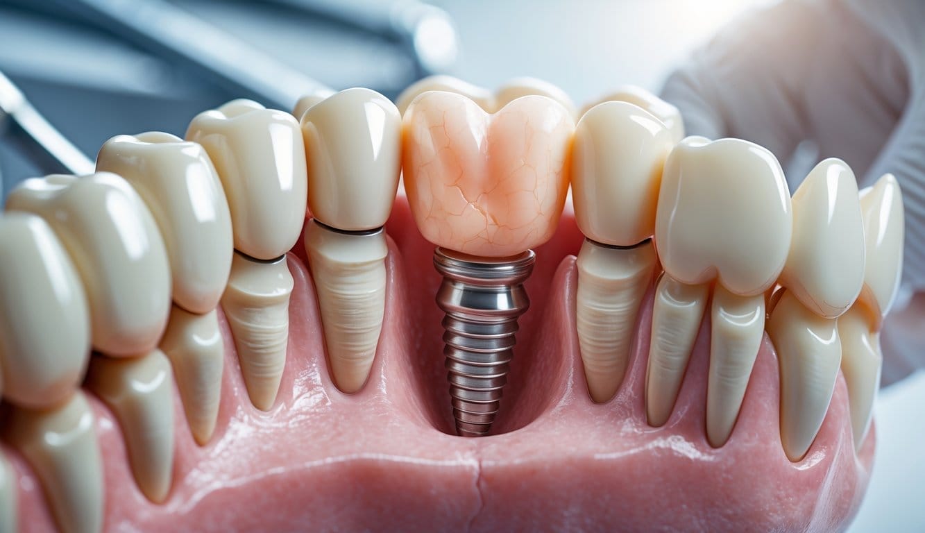 Close-up de uma mandíbula humana com um implante dentário inserido, mostrando os tecidos gengivais e ósseos à volta durante o processo de cicatrização e integração.