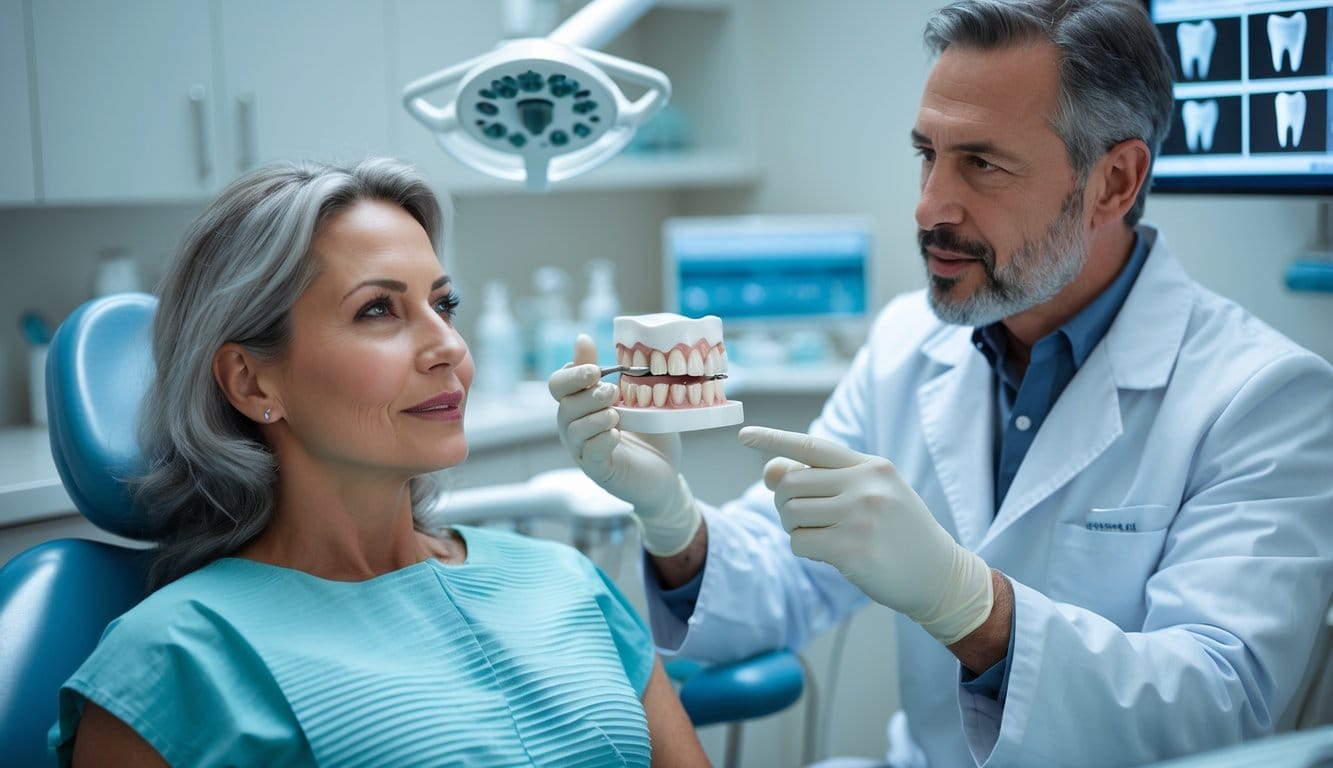 Dentista a explicar a um paciente sentado numa clínica dentária moderna sobre implantes dentários.