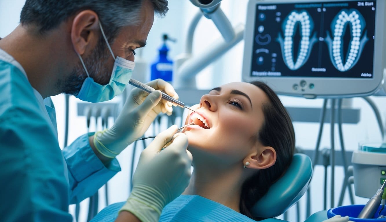 Dentista a realizar um procedimento de implante dentário num paciente com diabetes numa clínica dentária moderna.
