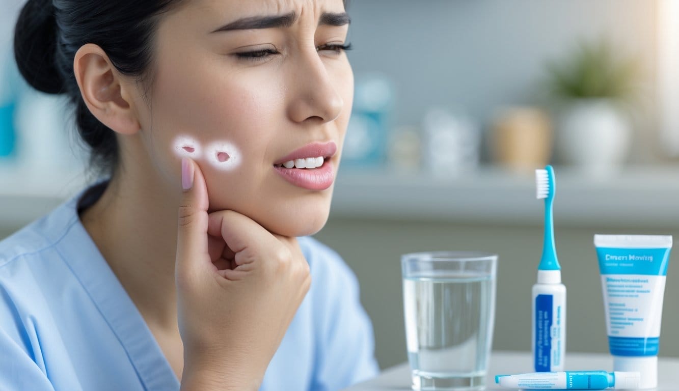 Pessoa a mostrar aftas pequenas e dolorosas dentro da boca, tocando a bochecha com expressão preocupada, com produtos de cuidado oral ao lado.
