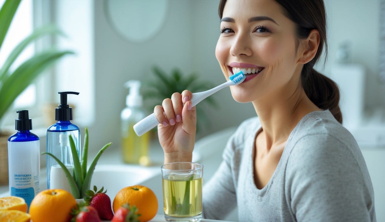 Mulher a escovar os dentes numa casa de banho luminosa com produtos naturais e frutas frescas ao lado.