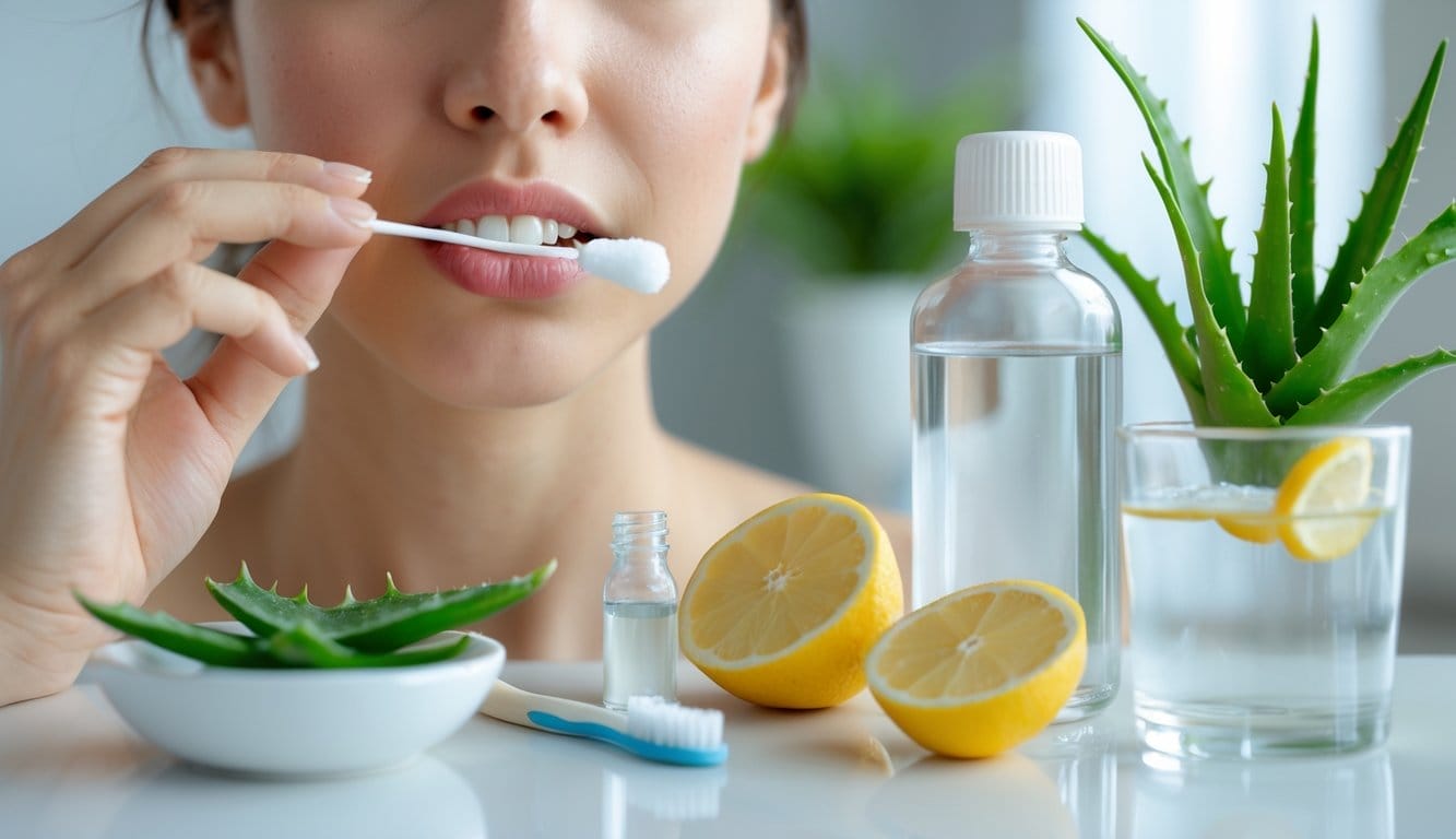 Pessoa a aplicar um gel oral numa afta na boca, com elementos naturais e produtos de cuidado oral numa bancada em casa.
