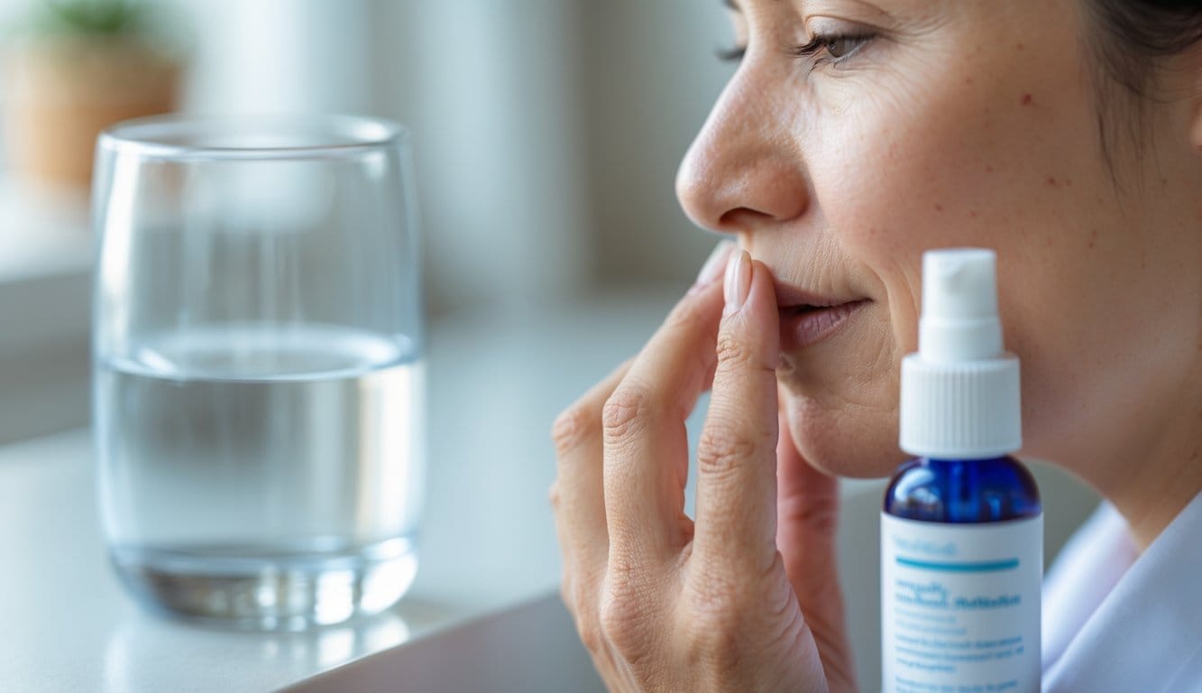 Pessoa adulta com expressão preocupada a tocar nos lábios, com um copo de água e um frasco de spray oral numa superfície próxima.