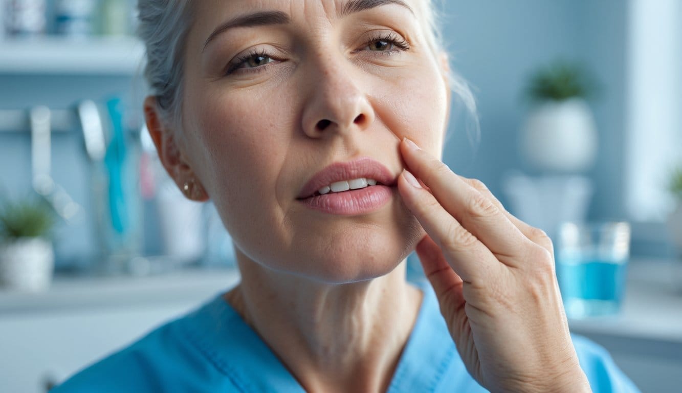 Pessoa de meia-idade com expressão preocupada a tocar nos lábios secos, num consultório médico ou dentário.