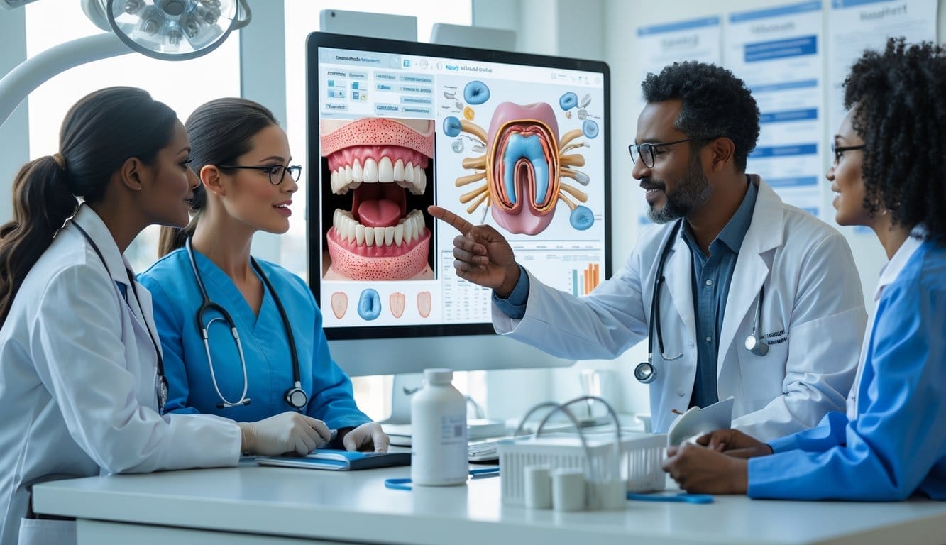 Profissionais de saúde numa clínica dentária a discutir doenças sistémicas que afetam a saúde oral, com imagens anatómicas no ecrã digital.