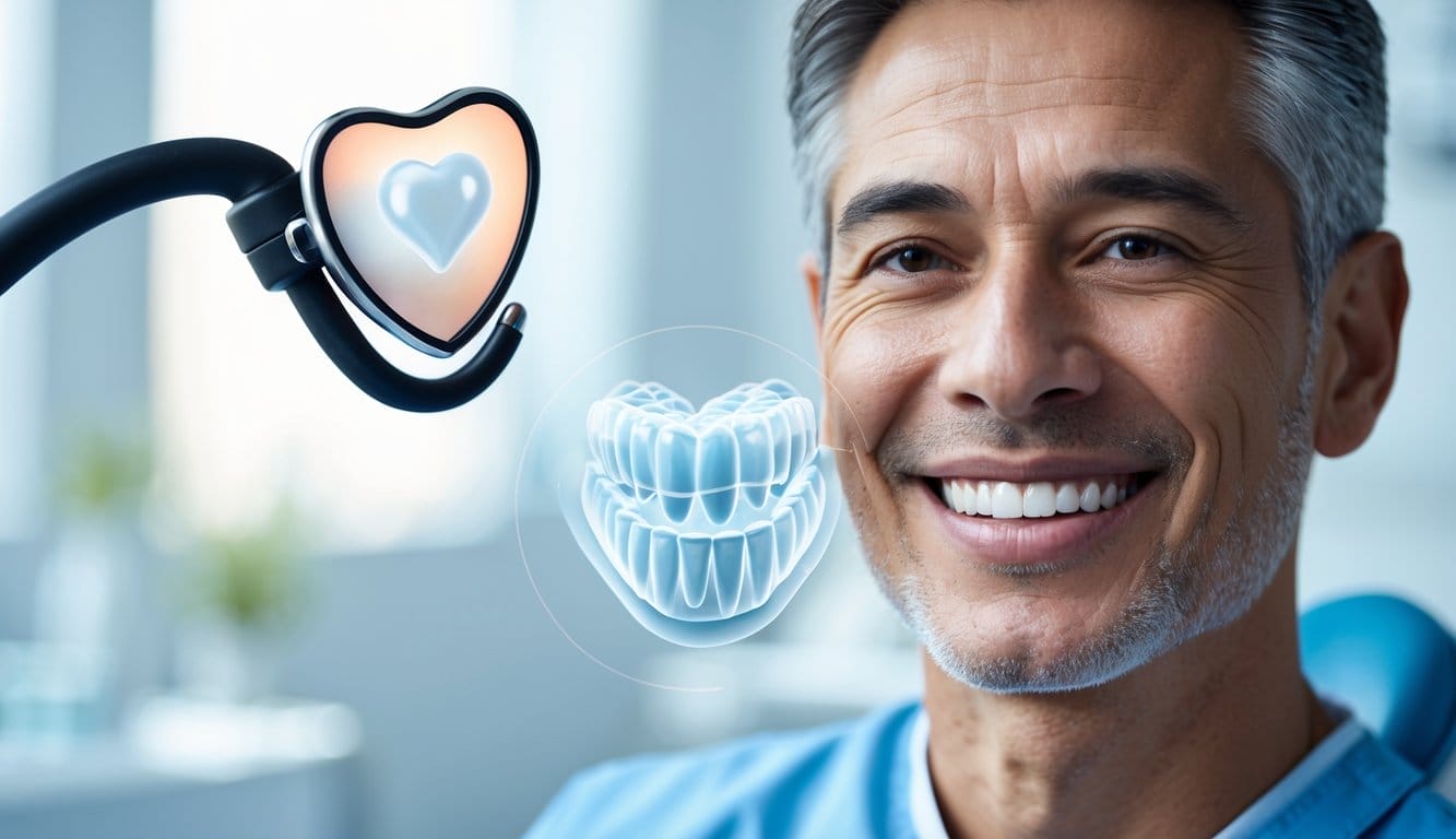 Pessoa adulta a sorrir com dentes saudáveis, com uma imagem transparente de um coração e instrumentos dentários ao fundo.