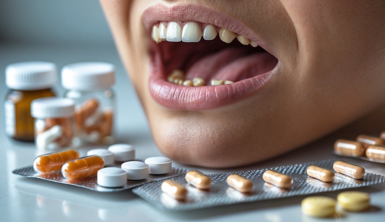 Close-up de uma boca com dentes e gengivas visíveis, com vários medicamentos ao lado, ilustrando o impacto negativo dos medicamentos na saúde oral.