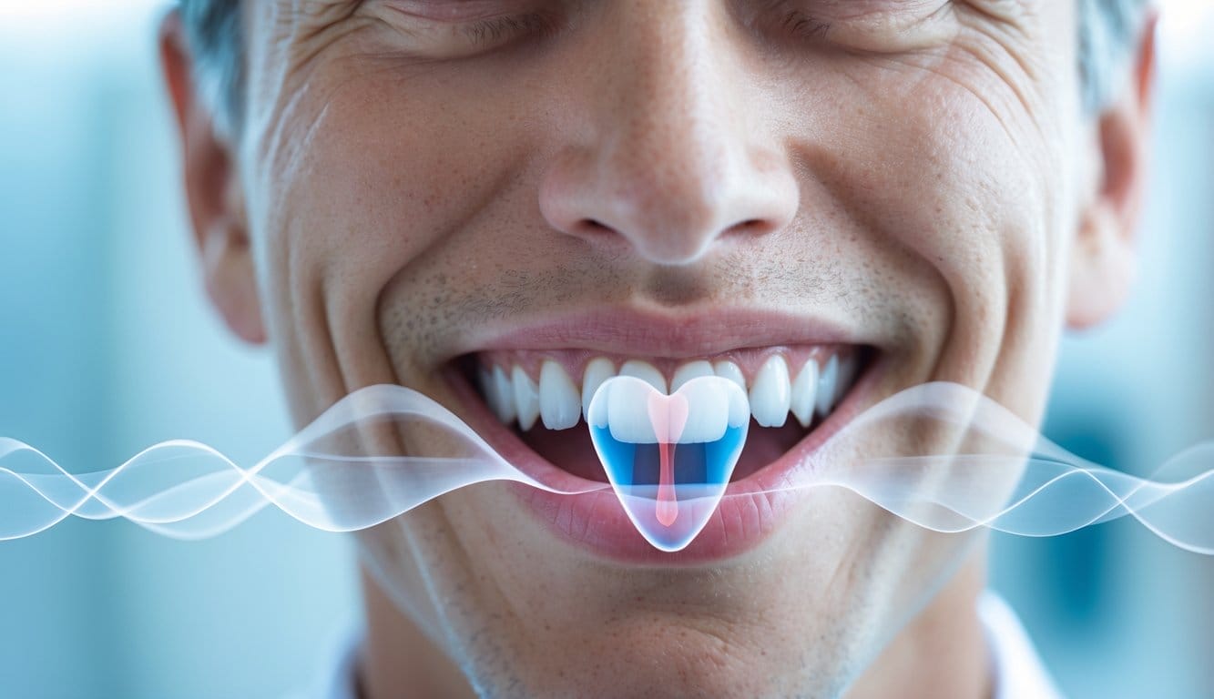 Pessoa adulta a sorrir mostrando dentes saudáveis com uma imagem transparente de um coração próximo à boca.