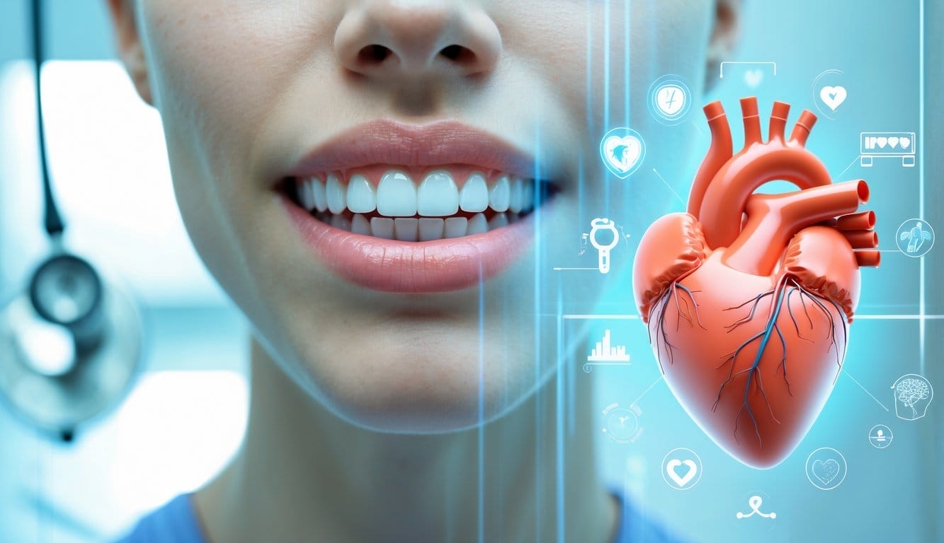 Imagem mostrando uma boca saudável com dentes limpos ao lado de um coração humano detalhado, representando a ligação entre a saúde oral e as doenças cardíacas.