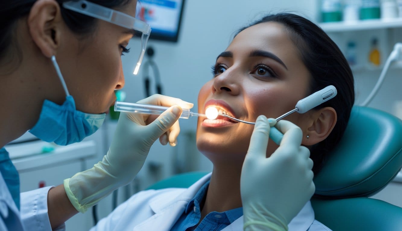 Profissional de saúde a examinar a boca de um paciente adulto para detetar sinais precoces de cancro oral numa consulta médica.