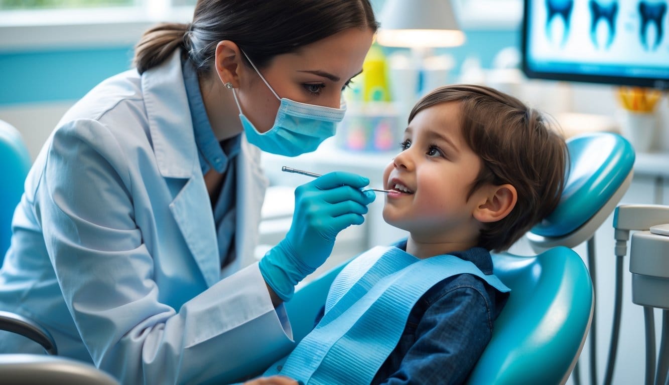 Dentista pediátrico a examinar suavemente os dentes de uma criança sentada numa cadeira dentária numa clínica dentária luminosa.