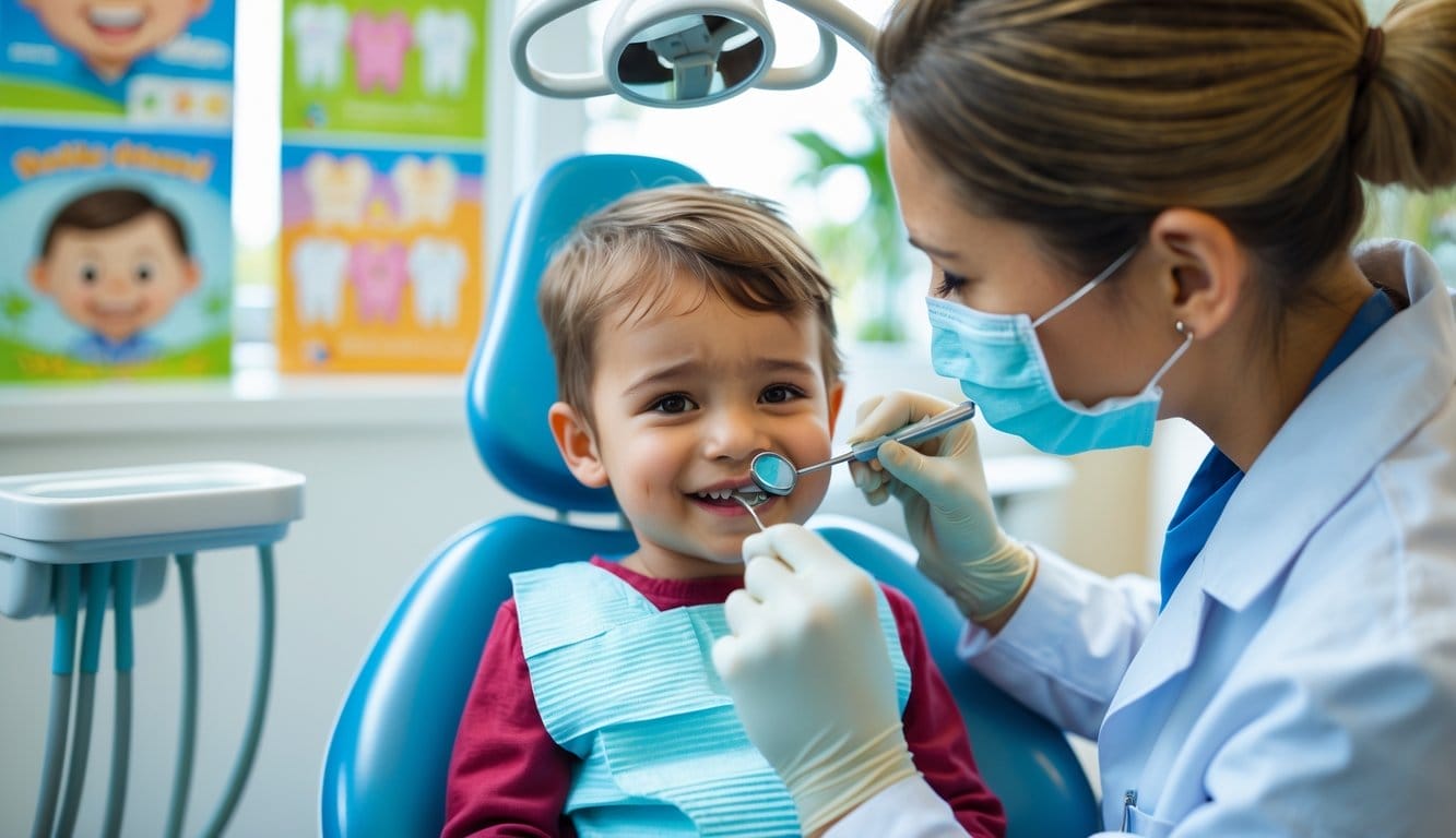 Dentista pediátrico a examinar os dentes de uma criança pequena numa clínica dentária moderna e bem iluminada.