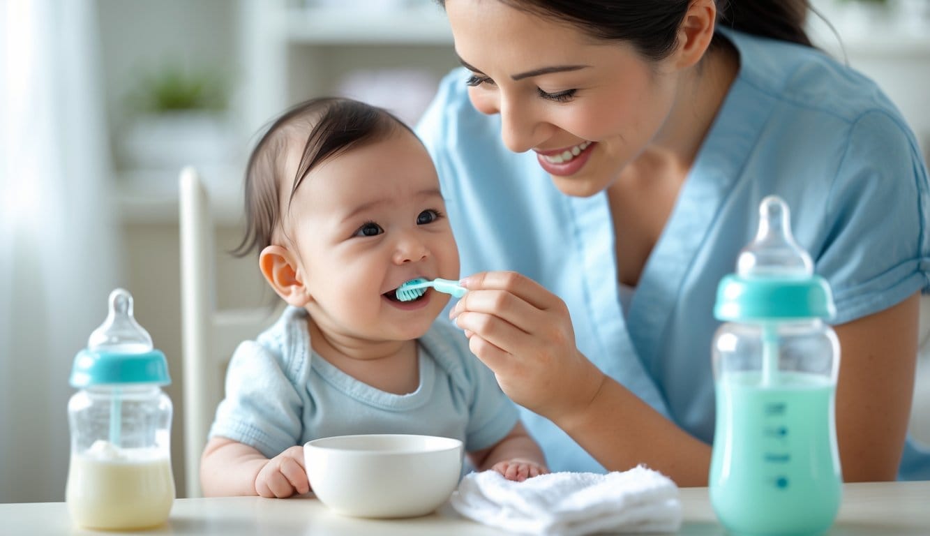Mãe a limpar os dentes do bebé com uma escova de dentes infantil, num ambiente luminoso e acolhedor.