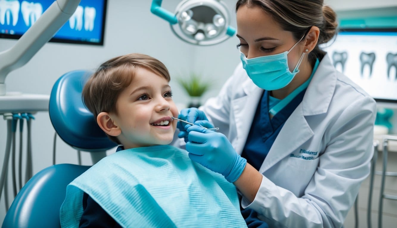 Dentista pediátrico a aplicar selantes dentários nos dentes de uma criança sentada numa cadeira dentária num consultório moderno.